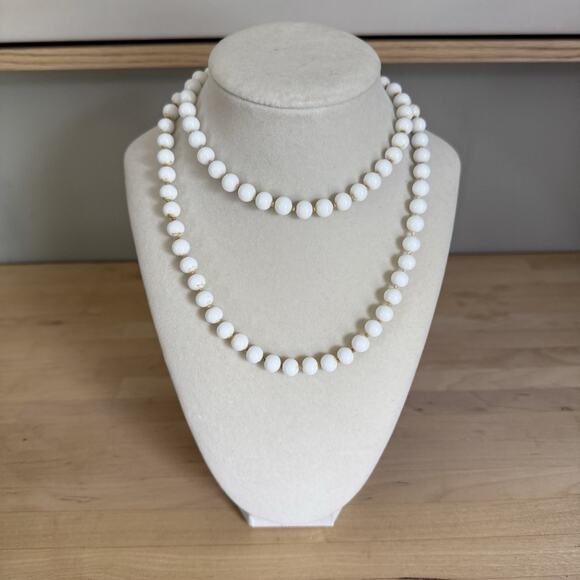 Vintage Monet White Bead Necklace 31” Long Layering or Wrap Style Gold Clasp - Picture 1 of 5